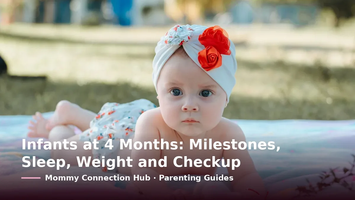 Cover card reading “Infants at 4 Months: Milestones, Sleep, Weight and Checkup” over a baby in a headband lying on a blanket outdoors
